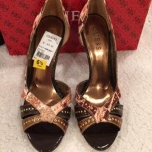 ORANGE MULTI-COLOR FABRIC OPEN TOE HEELS SIZE 6.5